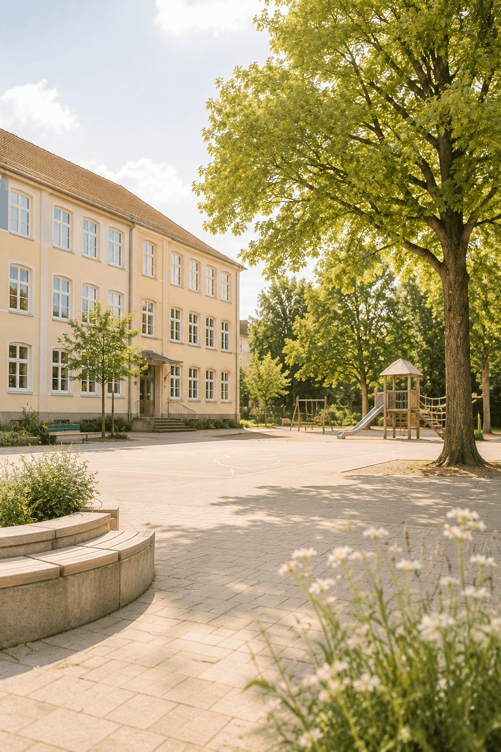 Freundlicher Grundschul-Schulhof im Sonnenlicht – die zukünftige Schule vor dem Schulstart kennenlernen