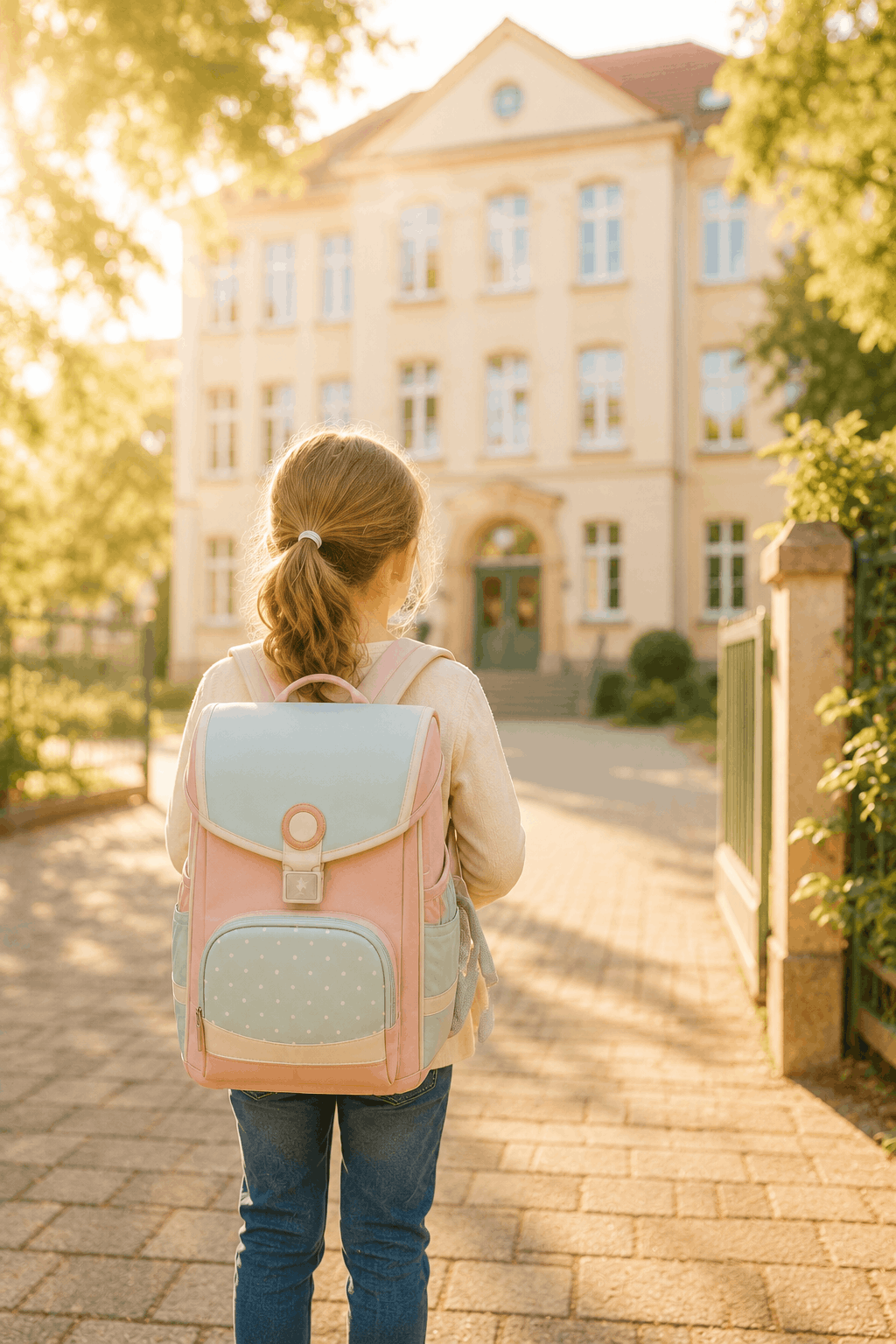 Kind mit Schulranzen blickt auf die Schule im Morgenlicht – Tipps für einen gelungenen Schulstart