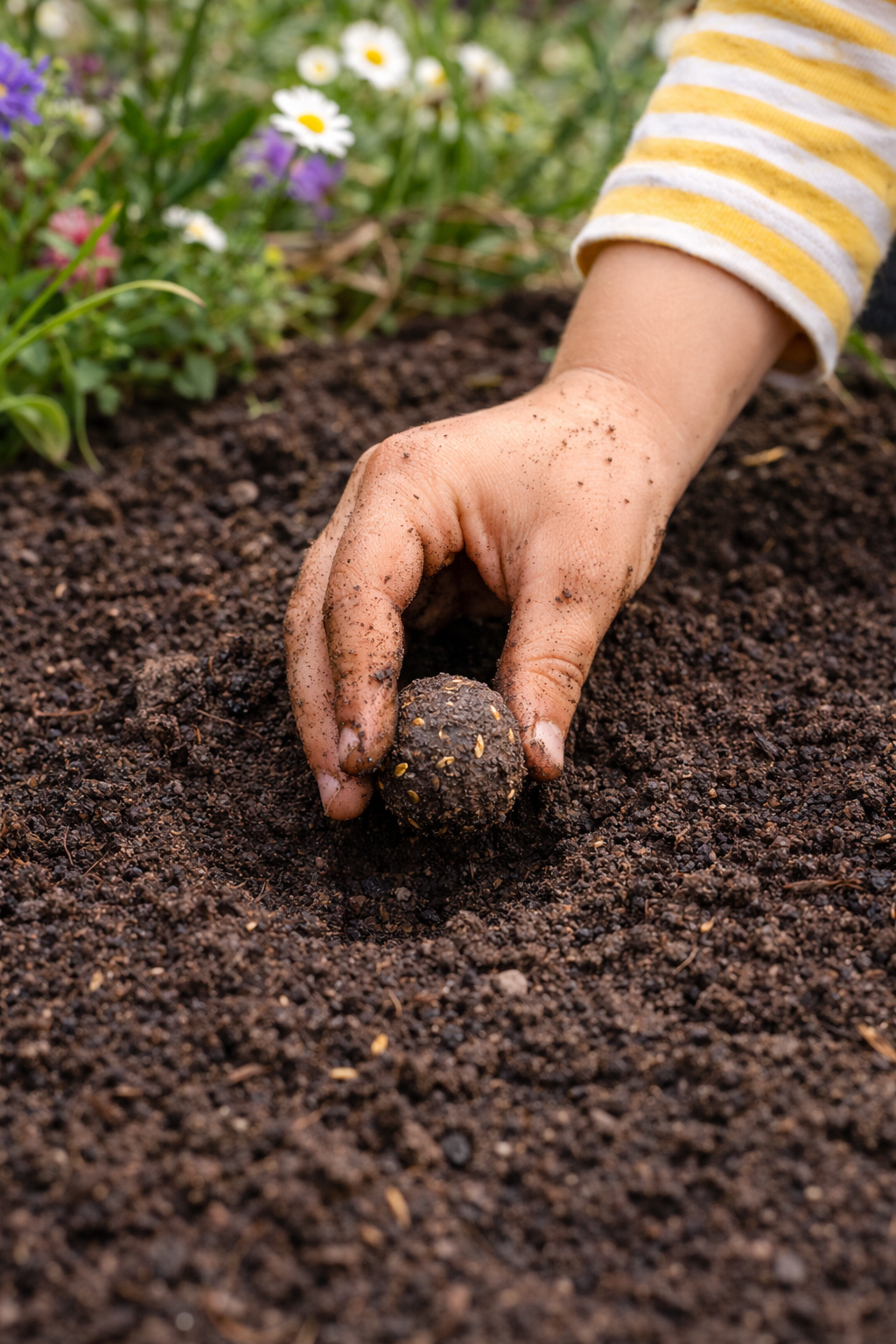 DIY Idee -Samenbomben mit Kindern machen. Eine nachhaltige Geschenkidee.