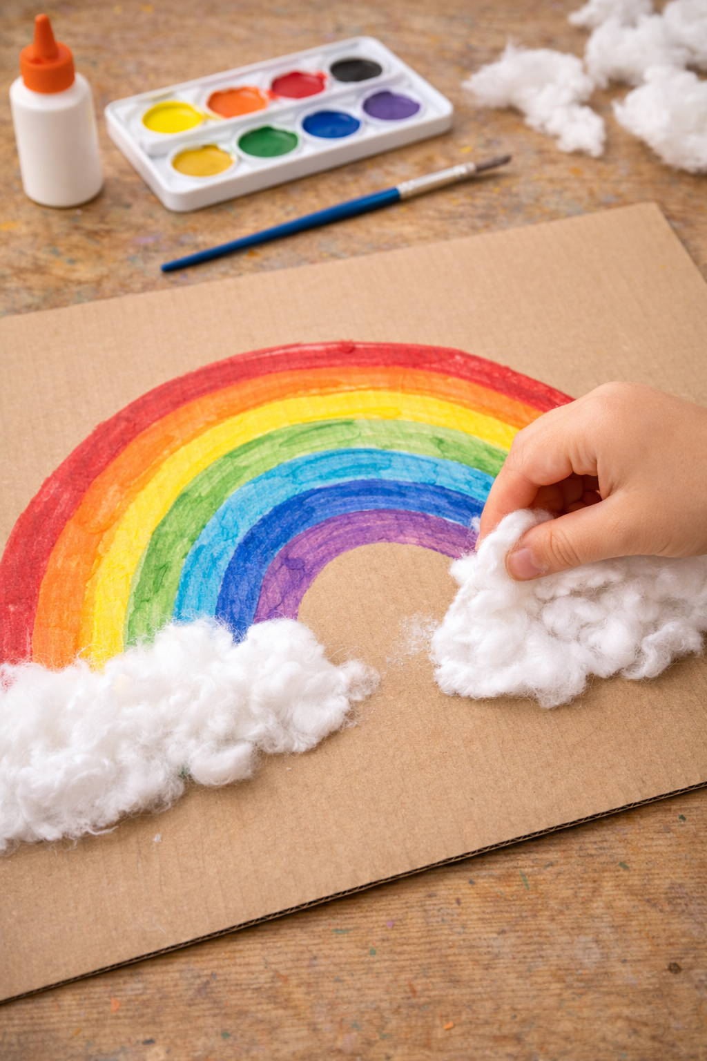 Regenbogen aus Pappe basteln mit Watte.