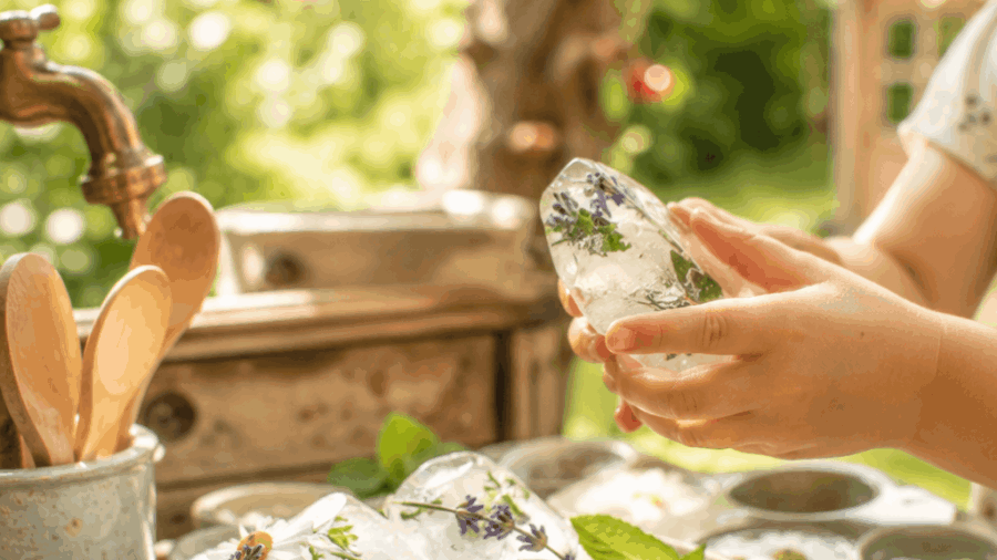 Matschküche mit Eis: Kräuter und Eiswürfel in der Matschküche – kühlendes Wasserspiel für Kinder im Sommer