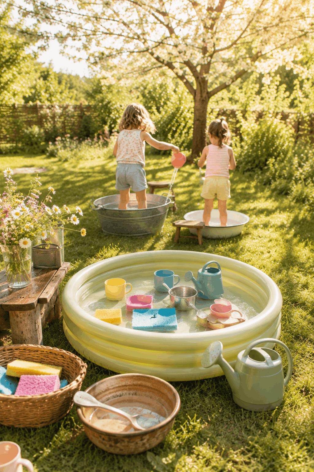 Planschbecken-Schöpfen: Kind übt Schütten und Schöpfen mit Bechern im Planschbecken – kühlendes Wasserspiel für Kinder