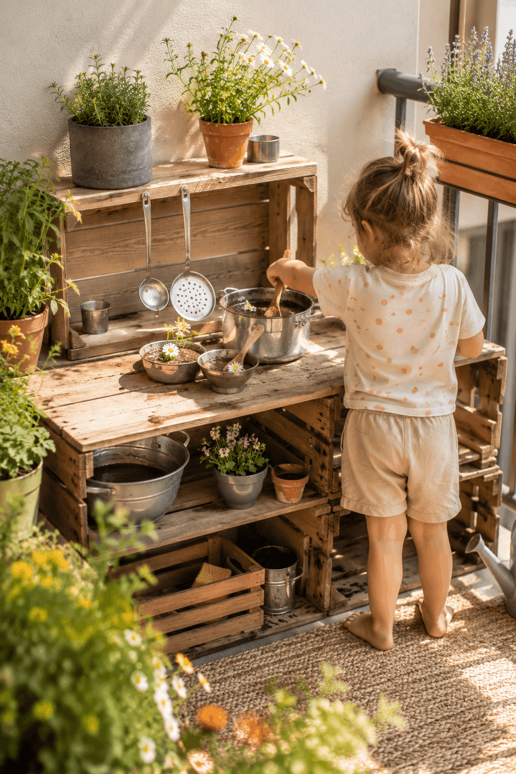 Matschküche selber bauen aus alten Getränke- und Obstkisten – günstige DIY-Idee für Kinder