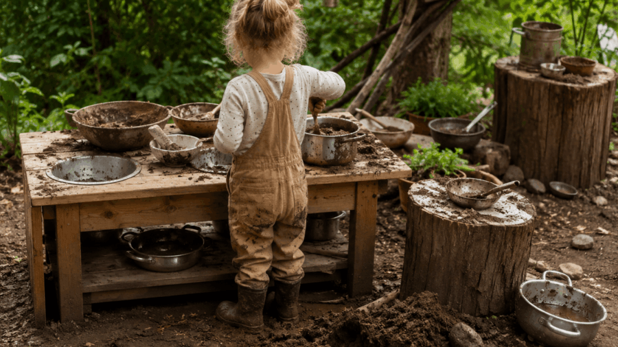 Naturmatschküche: Naturnahe Matschküche aus Holz und Naturmaterialien im Garten – DIY-Idee zum Selberbauen
