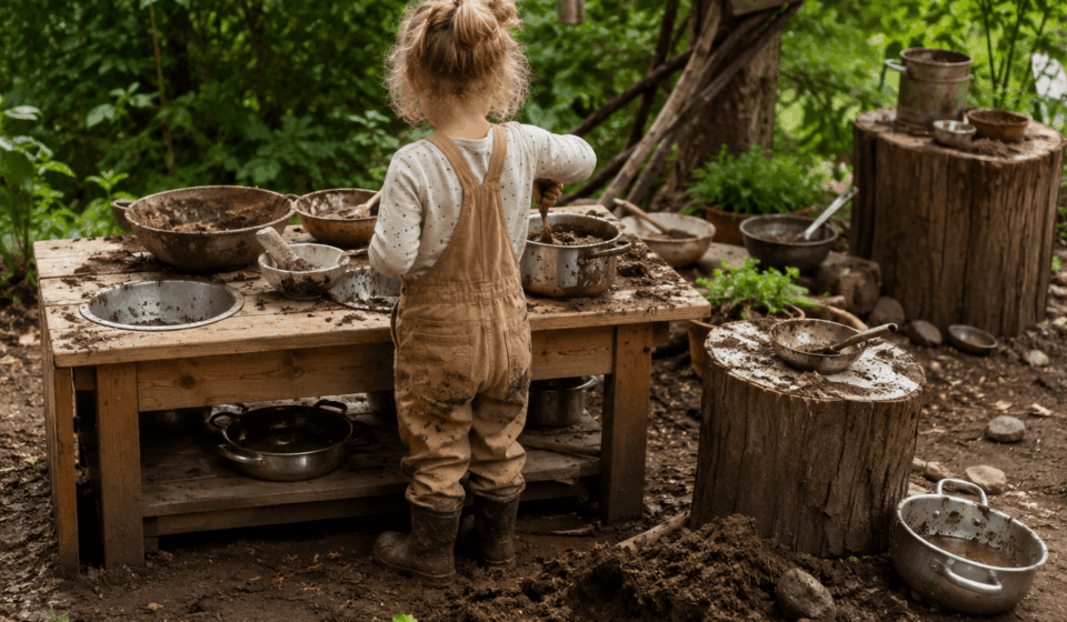 Naturmatschküche: Naturnahe Matschküche aus Holz und Naturmaterialien im Garten – DIY-Idee zum Selberbauen