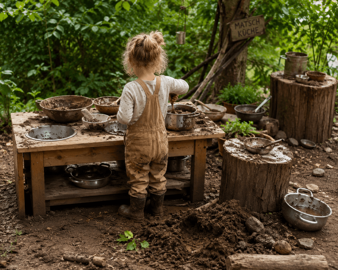 Naturmatschküche: Naturnahe Matschküche aus Holz und Naturmaterialien im Garten – DIY-Idee zum Selberbauen