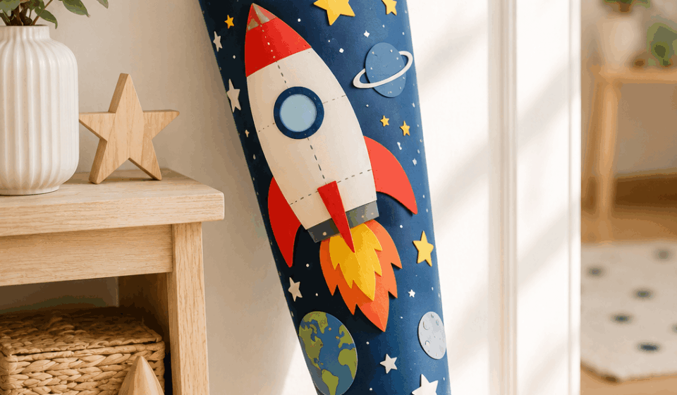 Rakete: Schultüte mit Raketen-Motiv und Sternen – Weltraum-Schultüte zur Einschulung