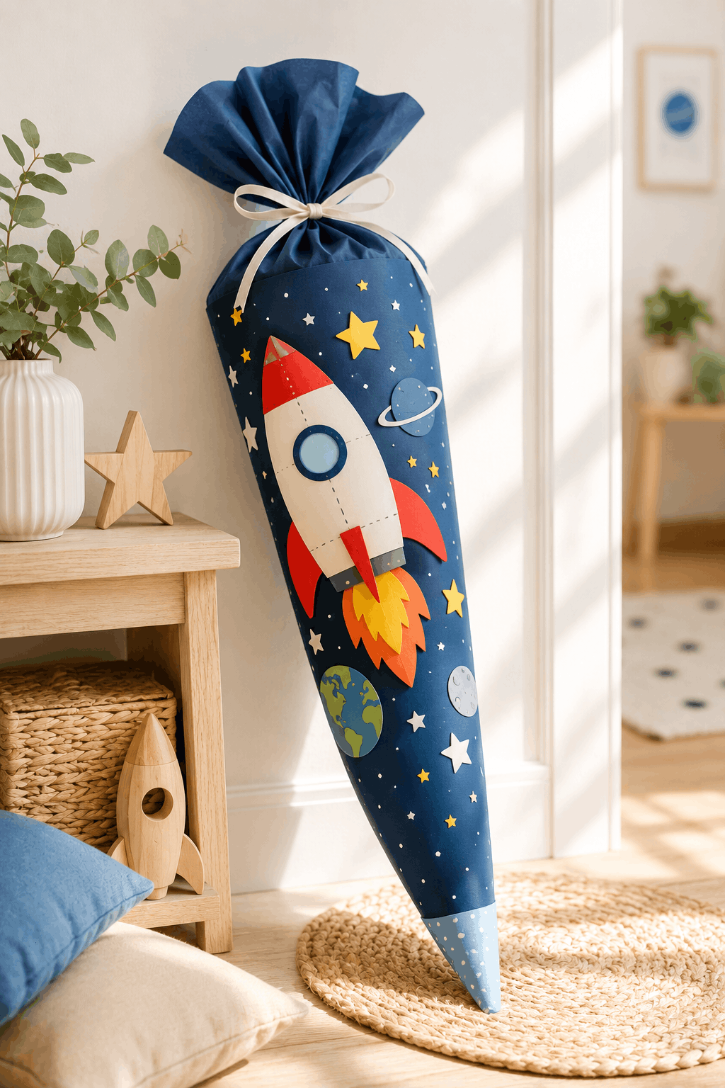 Rakete: Schultüte mit Raketen-Motiv und Sternen – Weltraum-Schultüte zur Einschulung