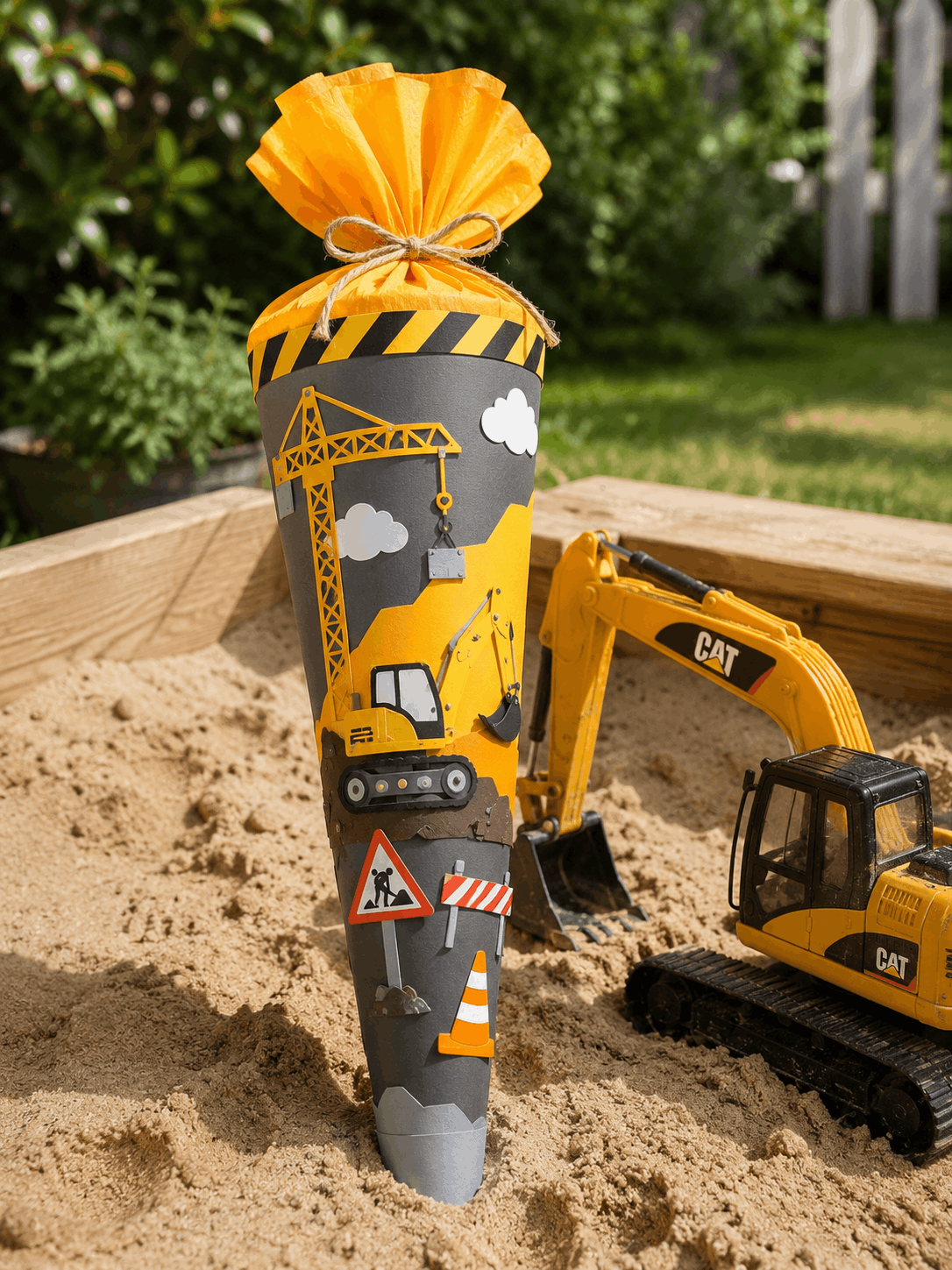 Baustelle: Bunte Baustellen-Schultüte mit Bagger und Werkzeug – Schultüten-Idee für Jungs