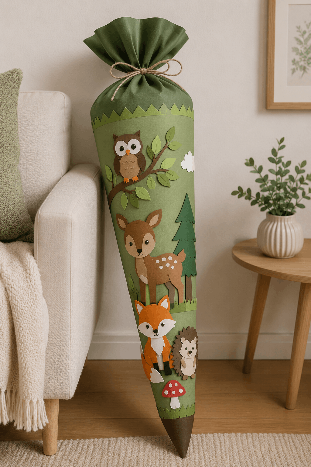 Waldtiere: Schultüte mit Waldtieren wie Fuchs und Reh – natürliche Schultüten-Idee neutral