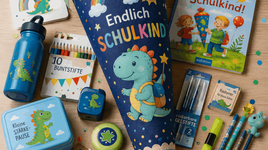 Festlich gefüllte Schultüte mit Geschenken und Naschereien zur Einschulung – Schultüte füllen mit schönen Ideen
