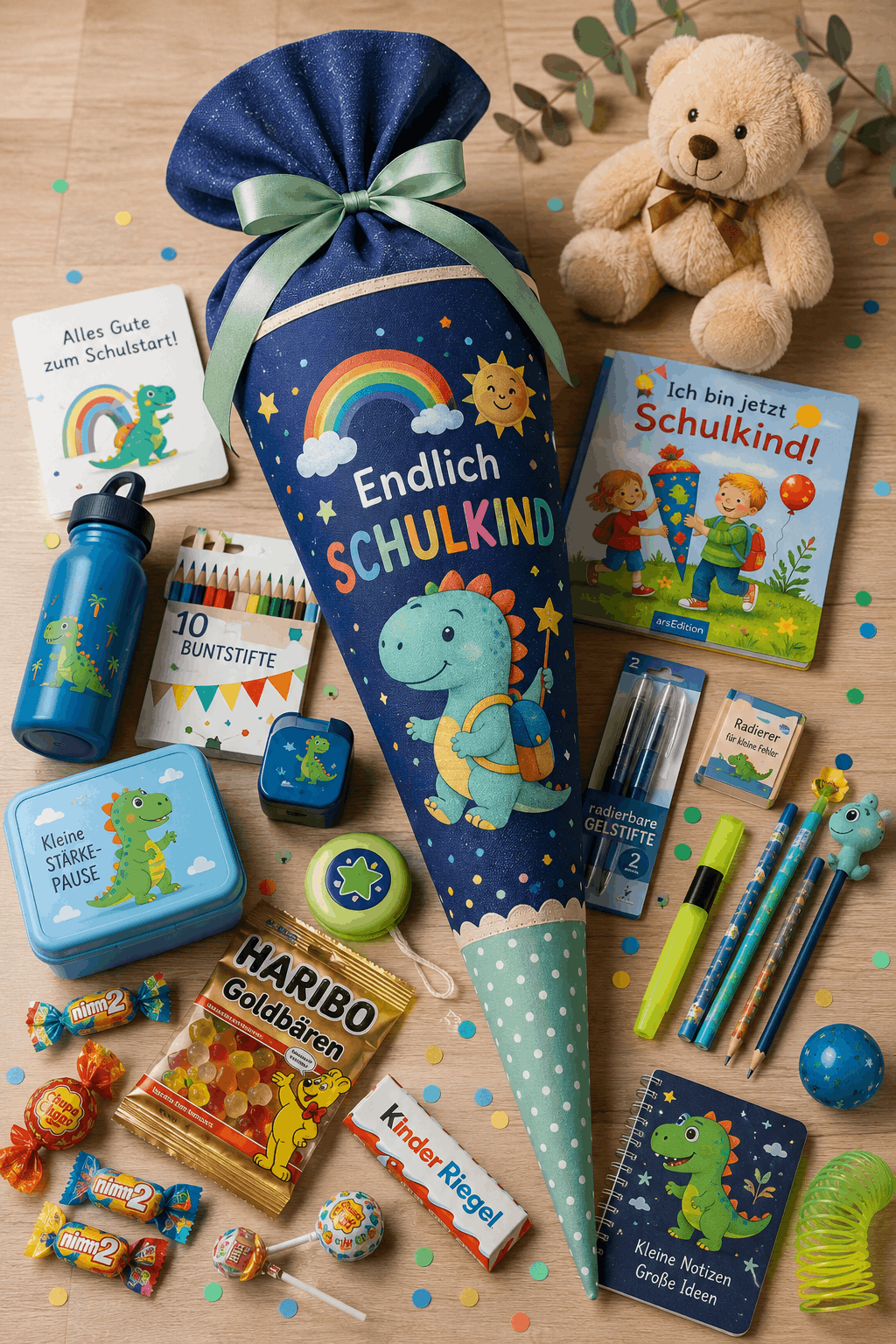 Festlich gefüllte Schultüte mit Geschenken und Naschereien zur Einschulung – Schultüte füllen mit schönen Ideen