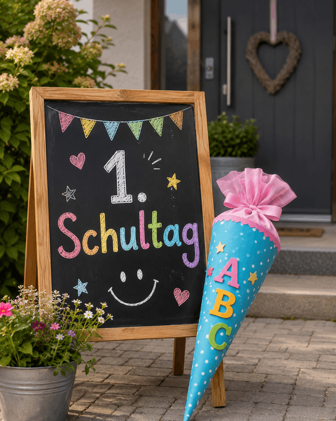 Kleine Tafel mit der Aufschrift „1. Schultag" als Erinnerung an die Einschulung