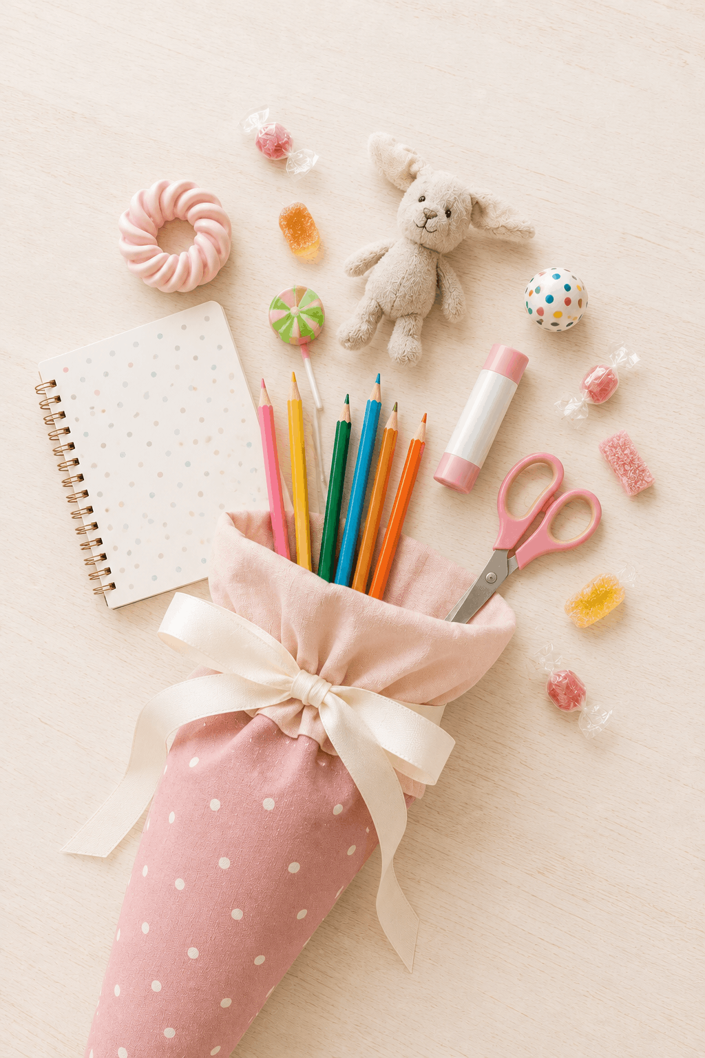 Geöffnete Schultüte mit Stiften, Schere und kleinen Geschenken – was in die Schultüte gehört