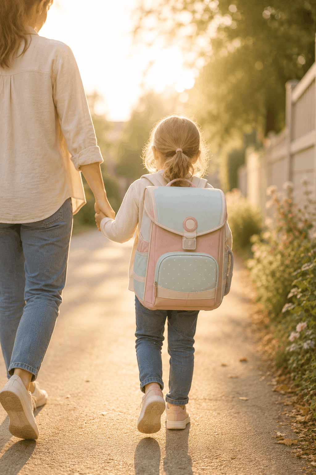 Kind mit Schulranzen läuft an der Hand eines Elternteils zur Schule – entspannt auf die Einschulung vorbereiten