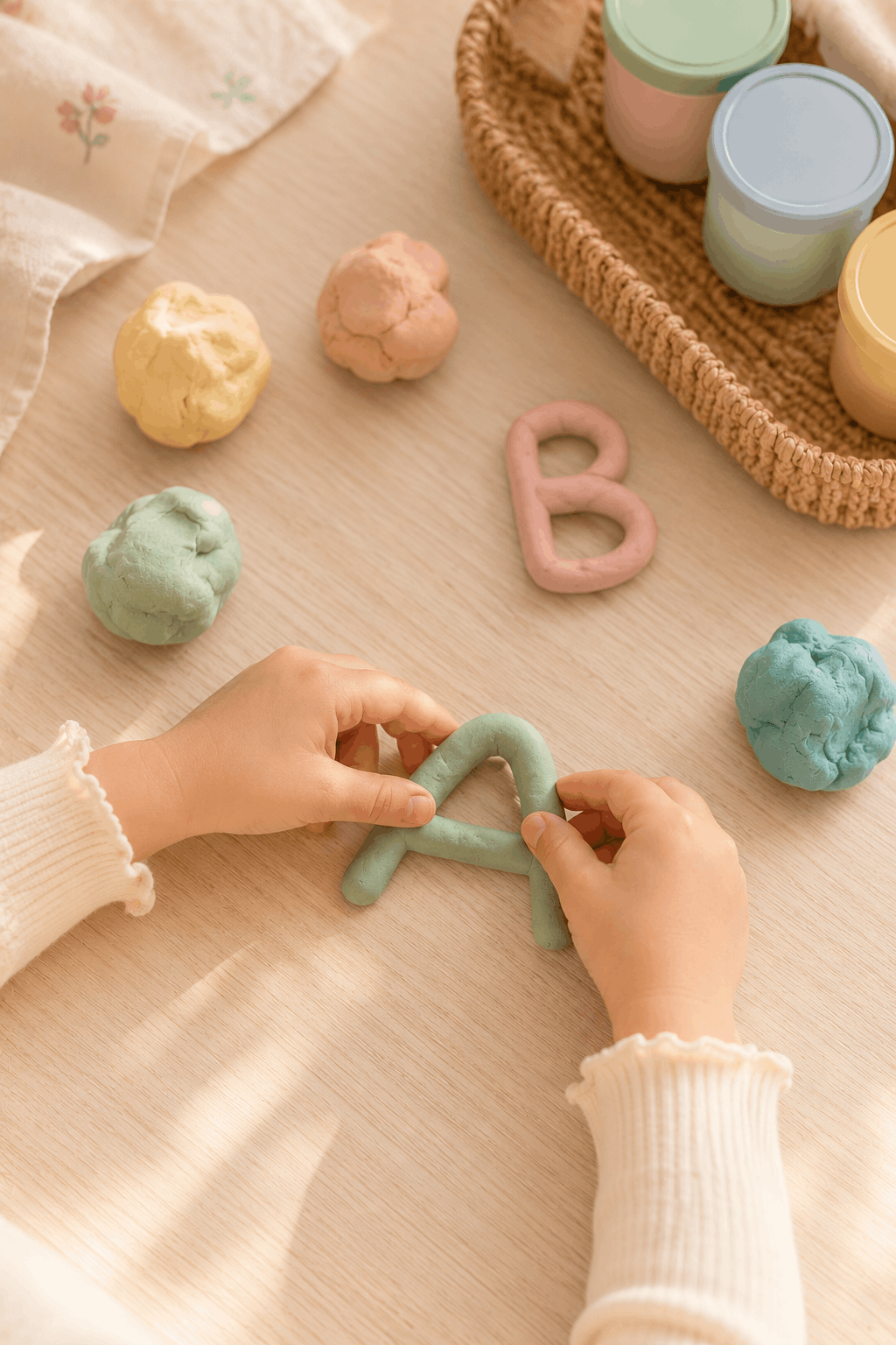 Kinderhände formen Buchstaben aus bunter Knete – Buchstaben lernen spielerisch vor der Schule