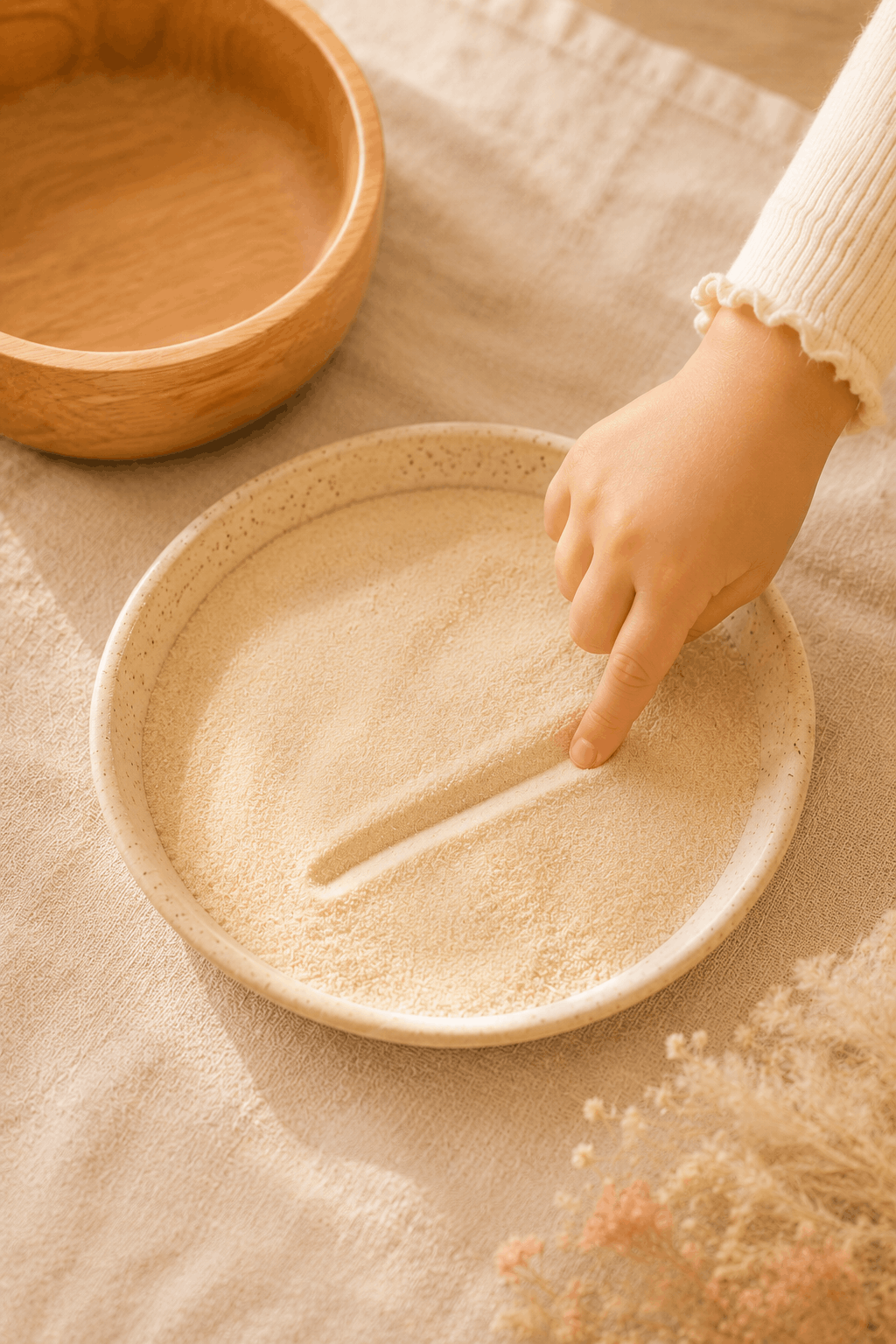 Finger spurt eine Linie in eine Schale mit Sand – Buchstaben fühlen und üben ohne Druck