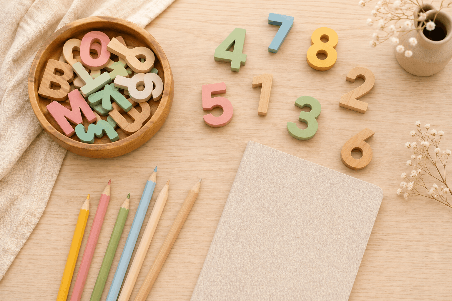 Holzbuchstaben, Holzzahlen und ein Arbeitsheft arrangiert – spielerisch auf die Schule vorbereiten