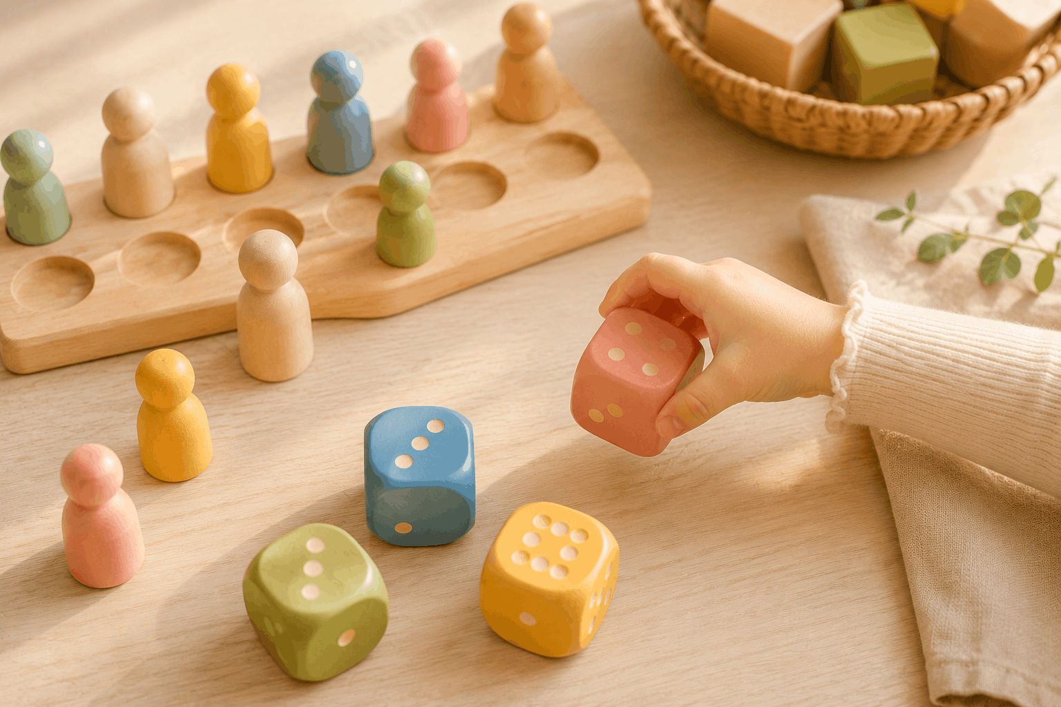 Kinderhand würfelt mit bunten Holzwürfeln – Zahlen und Mengen spielerisch lernen