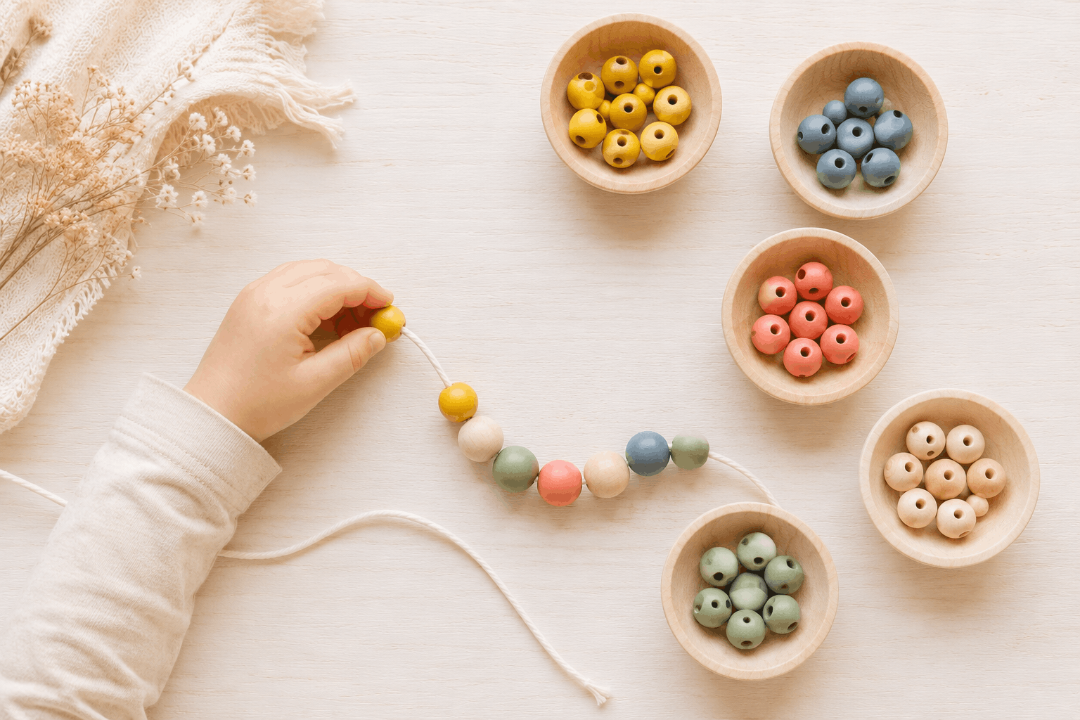 Kinderhand fädelt bunte Holzperlen auf eine Schnur – Feinmotorik und Konzentration spielerisch stärken