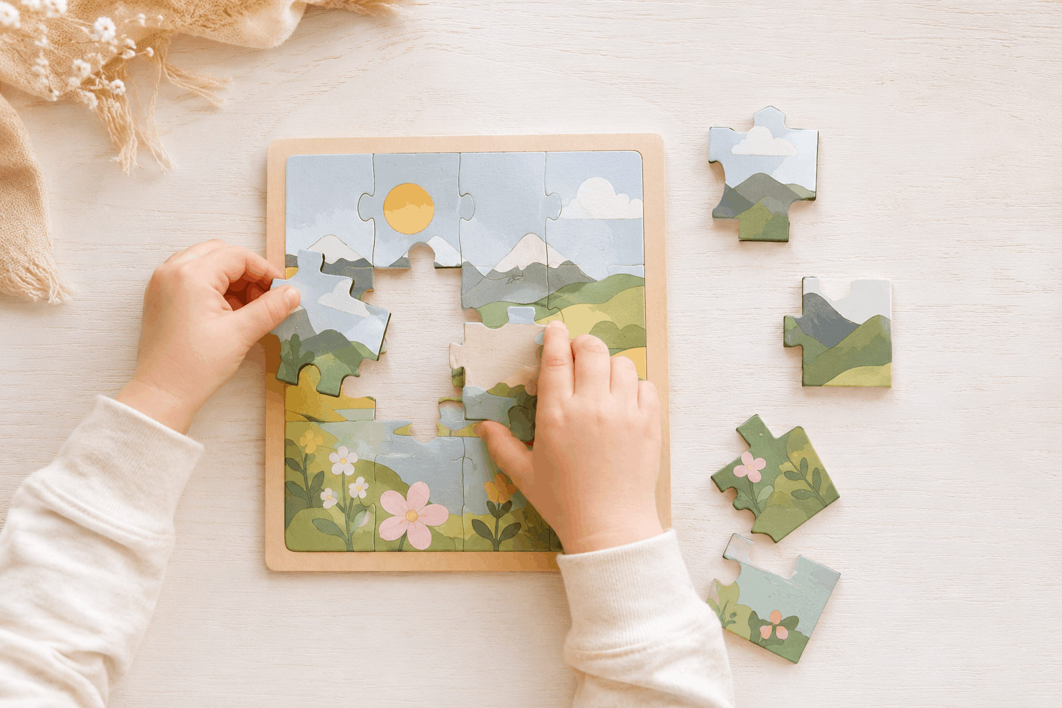 Kinderhände legen ein buntes Holzpuzzle zusammen – Konzentration fördern bei Kindern vor der Schule