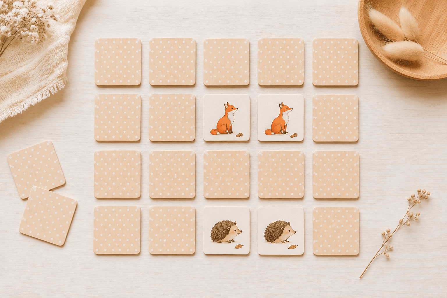 Verdeckte Memory-Karten in Reihen ausgelegt – Konzentrationsspiel für Vorschulkinder