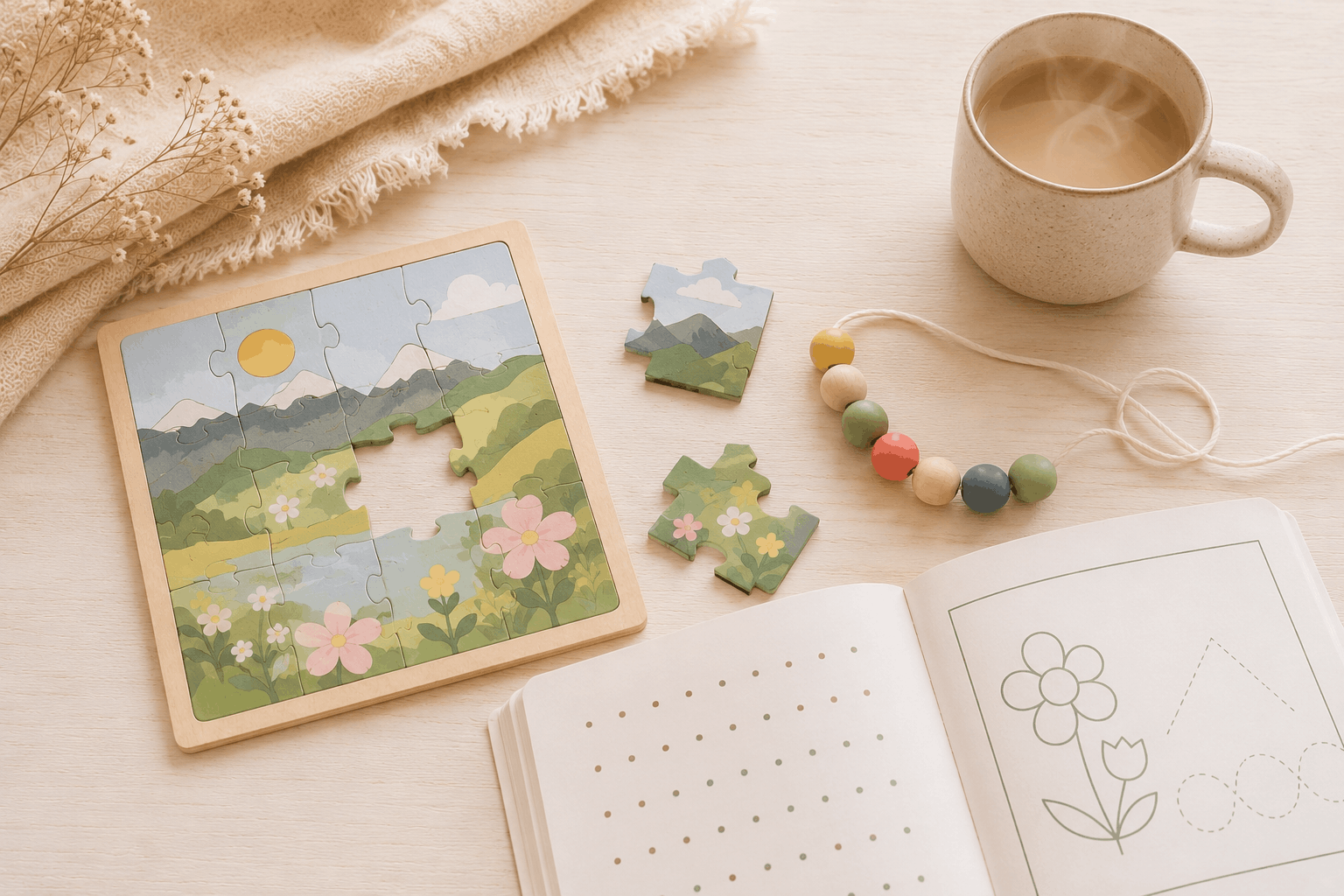 Puzzle, Perlen und Arbeitsheft mit einer Tasse Kaffee – ruhige Konzentrationsmomente im Familienalltag