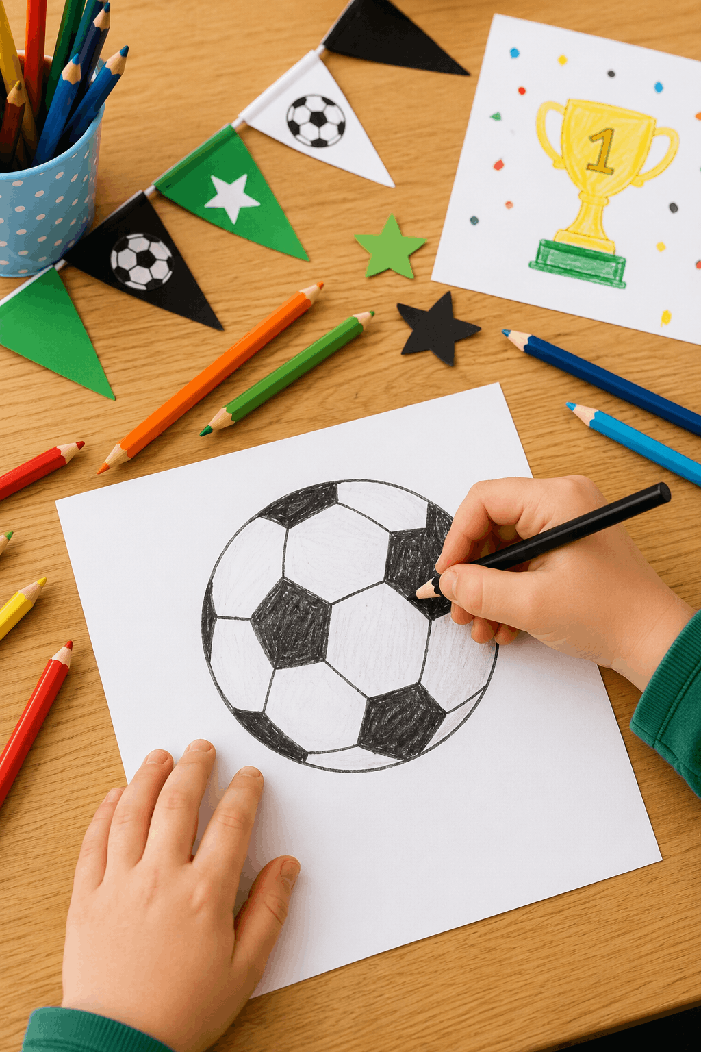 Kinderhand malt einen Fußball mit Buntstiften – einfache Fußball-Bastelidee zum Ausmalen