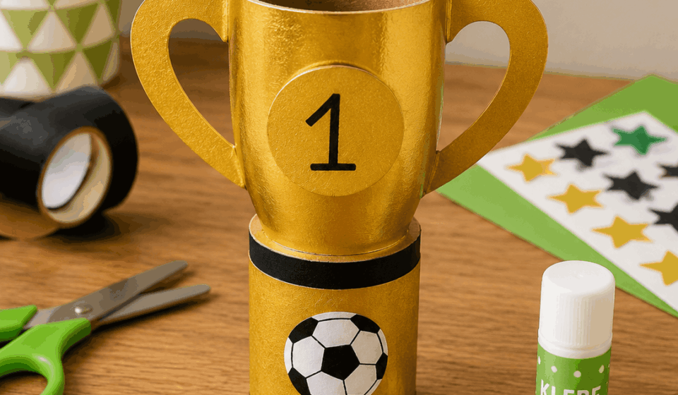 Kleiner selbstgebastelter Pokal aus Goldpapier und Papprolle – Fußball basteln mit Kindern