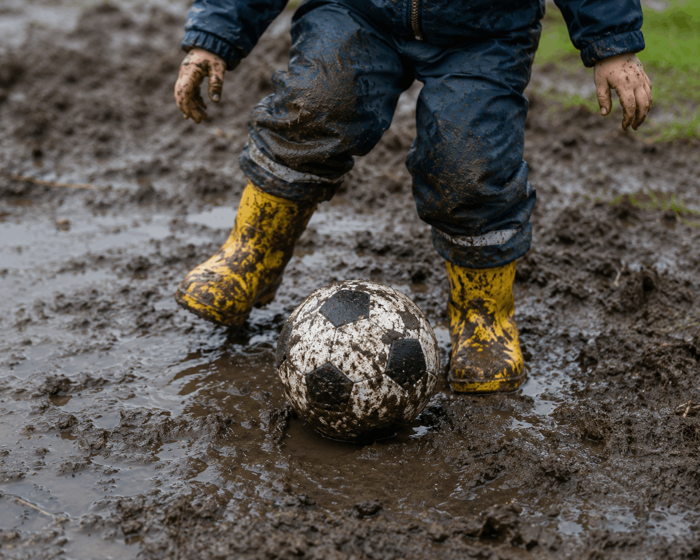 Kind mit Gummistiefeln spielt nach dem Regen mit einem verschmutzten Fußball im Matsch. Sensorisches Outdoor-Spiel für kleine Fußballfans.
