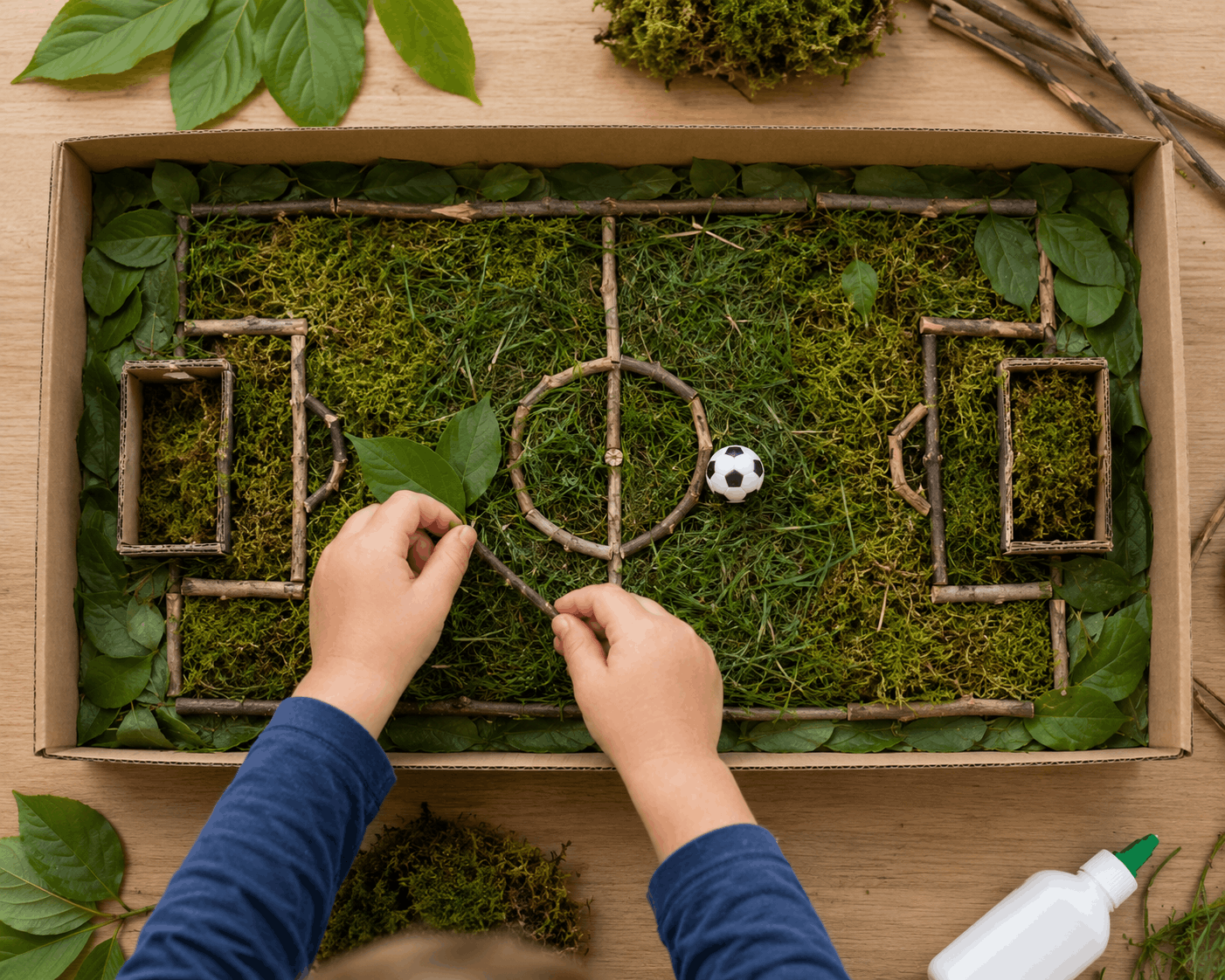 Kinderhände gestalten ein Mini-Fußballfeld aus Moos, Gras, Blättern und Zweigen auf einem Karton. Fußball-Bastelidee mit Naturmaterialien.
