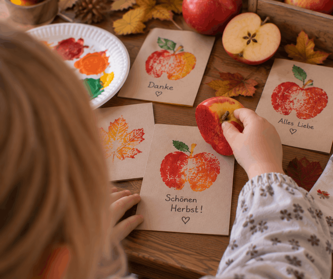 Herbstliche Grußkarten aus Apfeldruck basteln