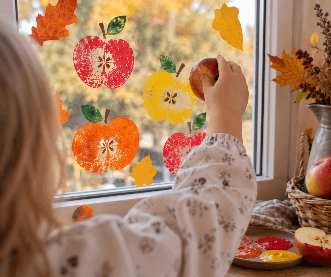 Herbstliche Apfelstempel am Fenster