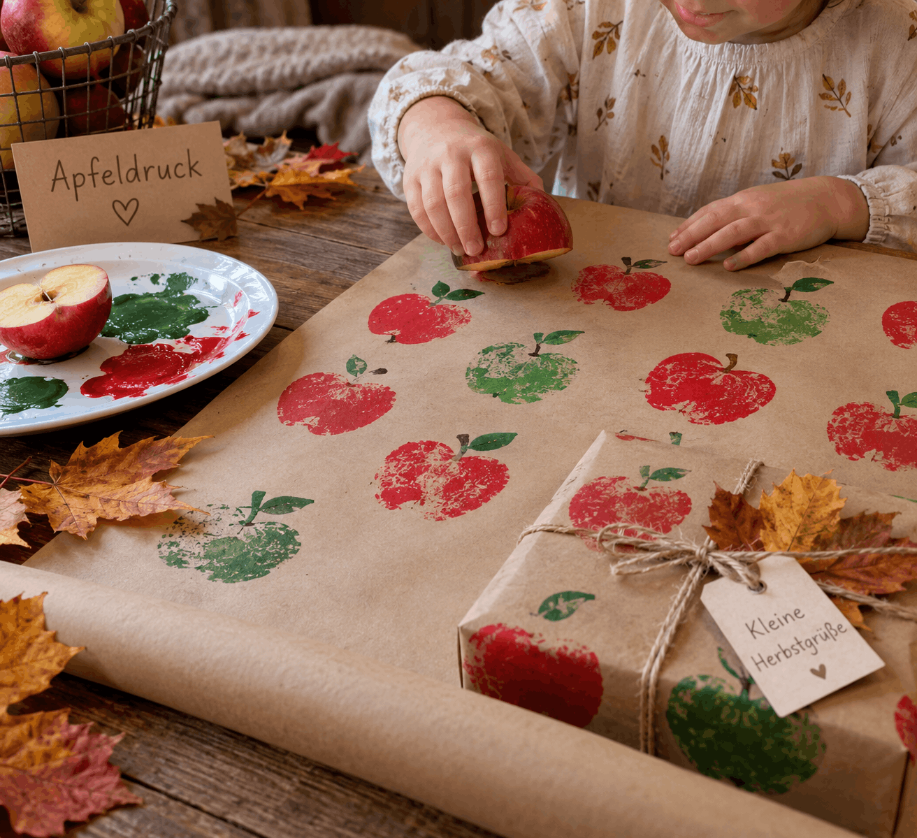 Herbstlicher-Apfeldruck auf Geschenkpapier
