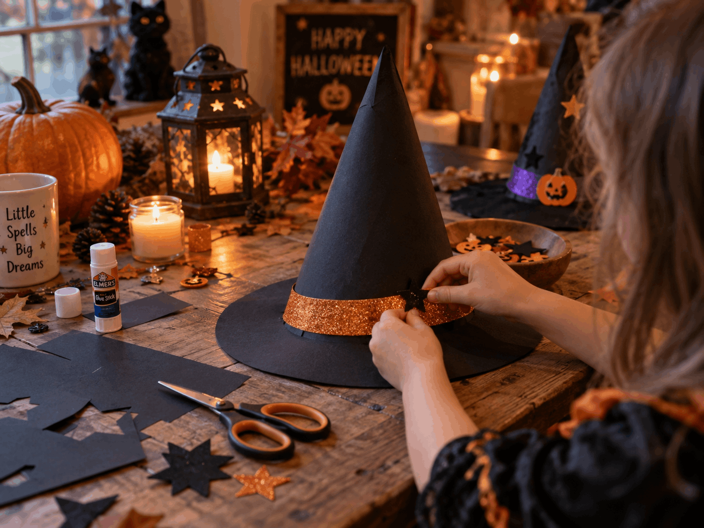 Halloween Bastelideen: Hexenhut aus Pappe basteln mit Kindern