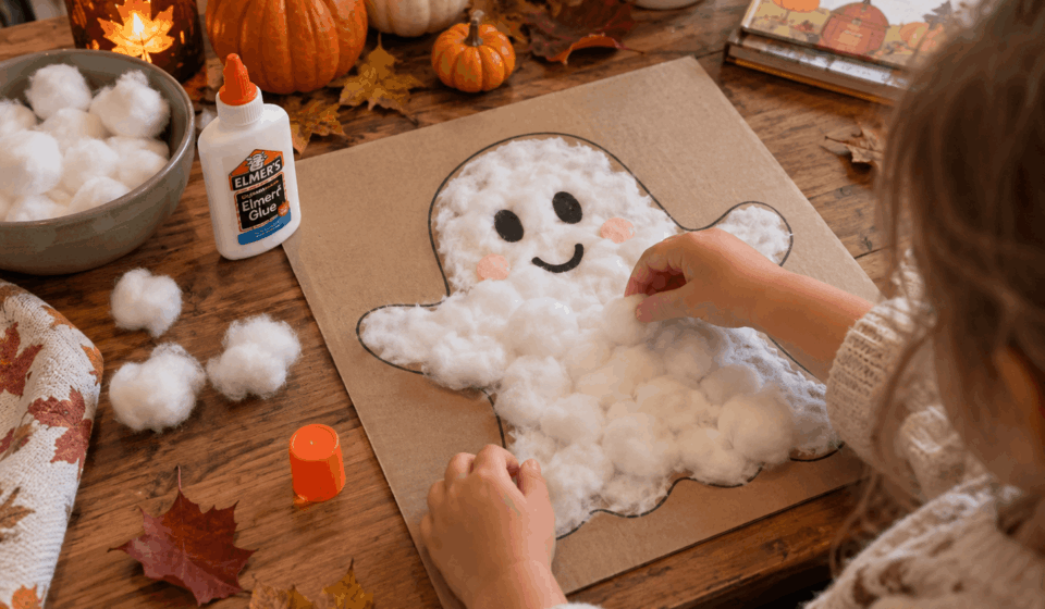 Bastelidee zu Halloween: Gespenst aus Watte, Basteln mit Kindern