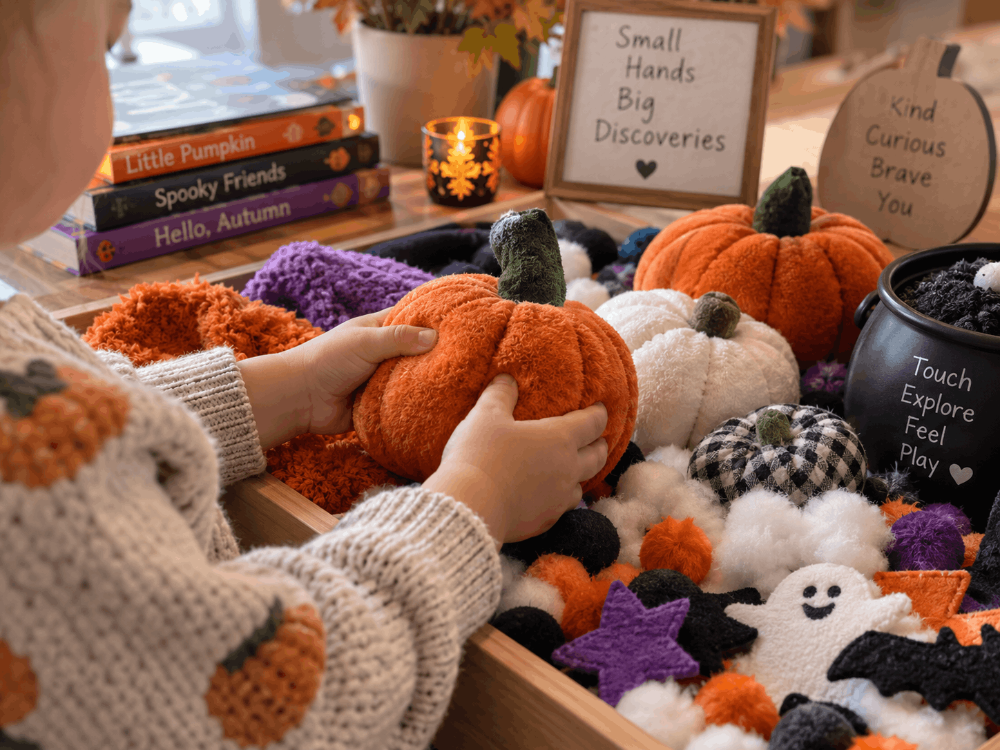 Bastelidee zu Halloween: Sensory Play Idee, weiche Halloween Deko fühlen