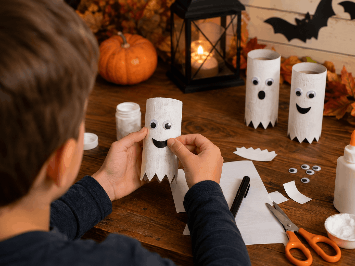 Halloween Bastelideen: Gespenster aus Klorollen basteln mit Kindern