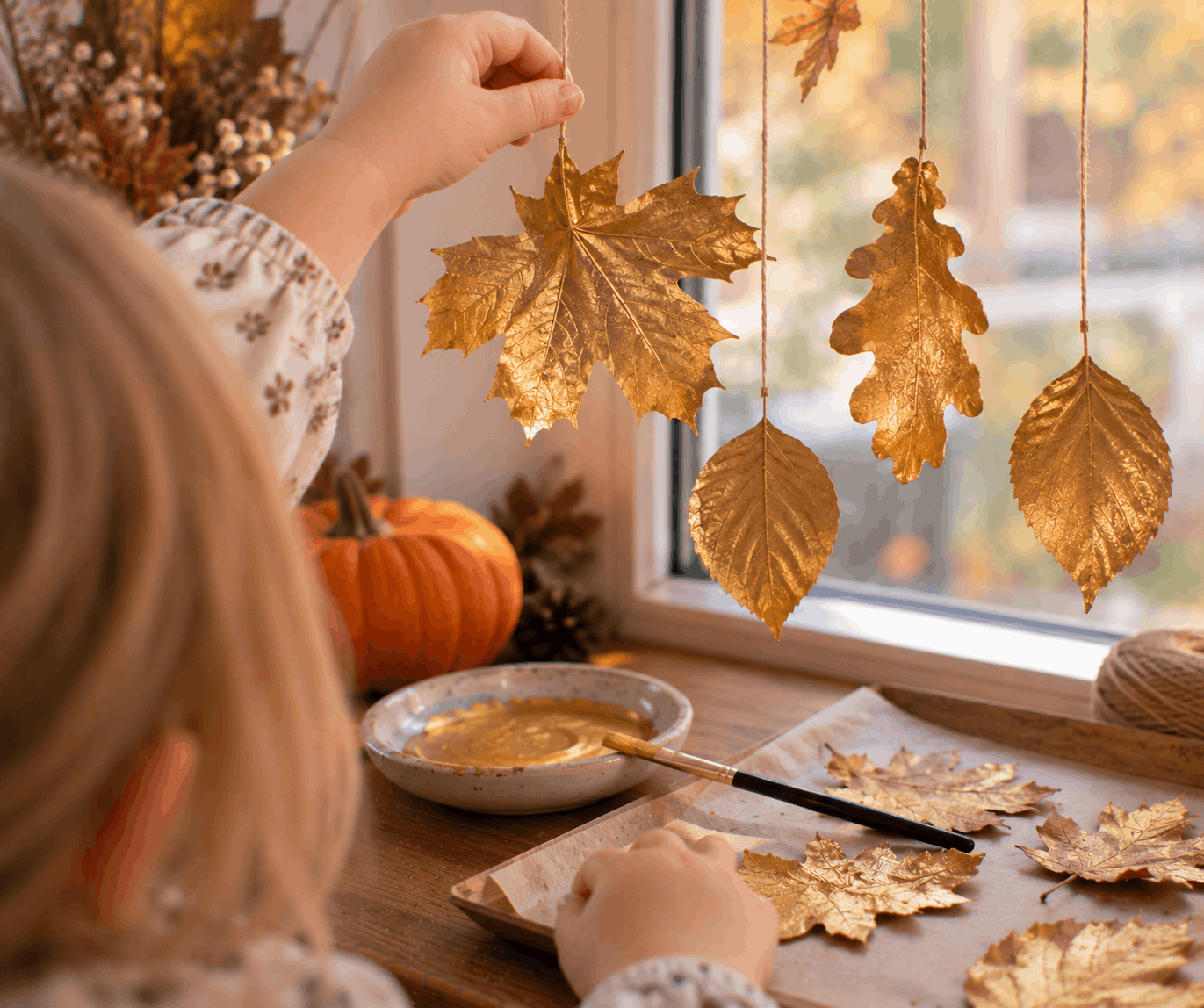 Herbst Bastelideen: Herbstblätter in Gold anmalen mit Kindern