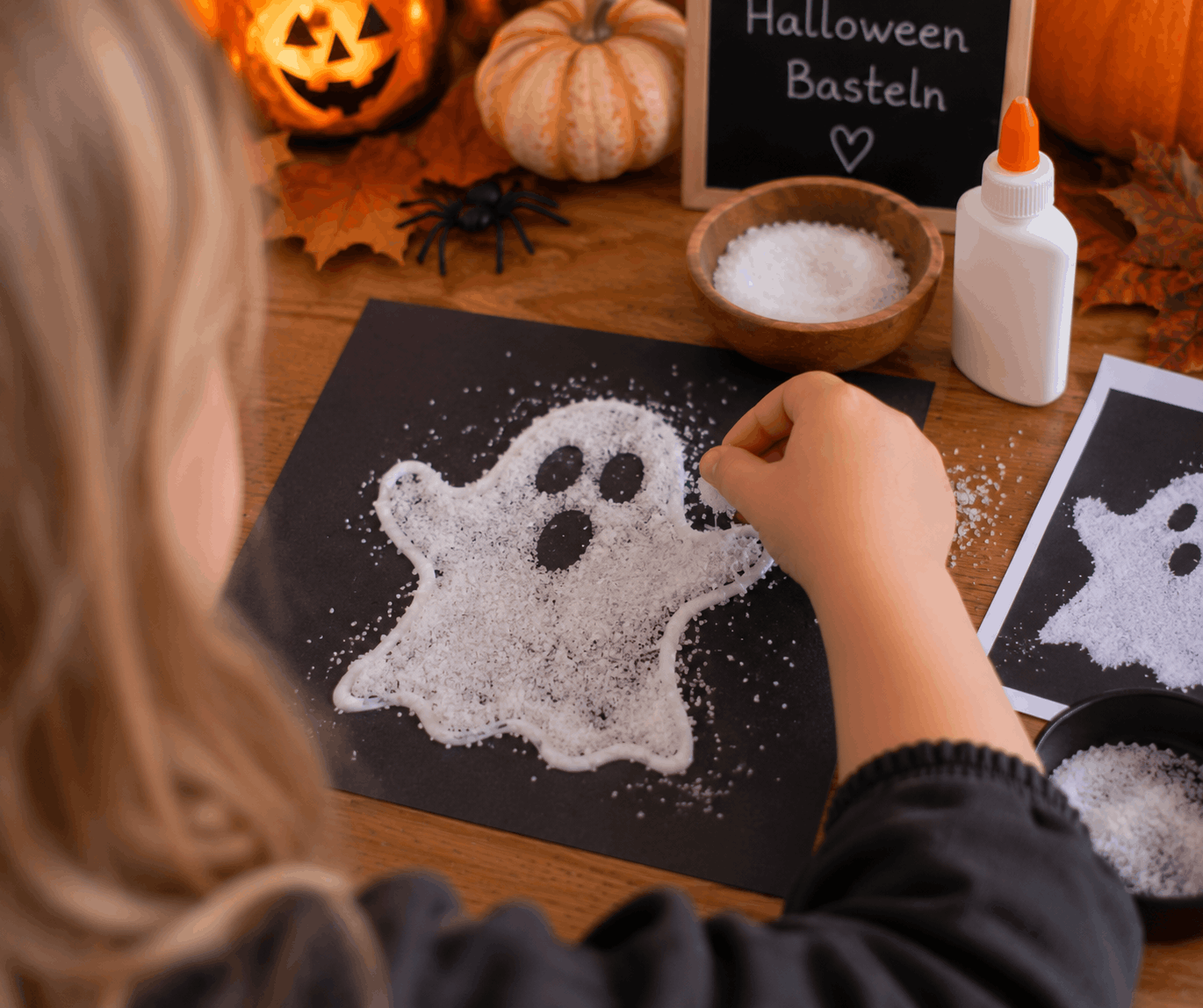 Halloween Bastelideen: Gespenst Salzbild basteln mit Kindern