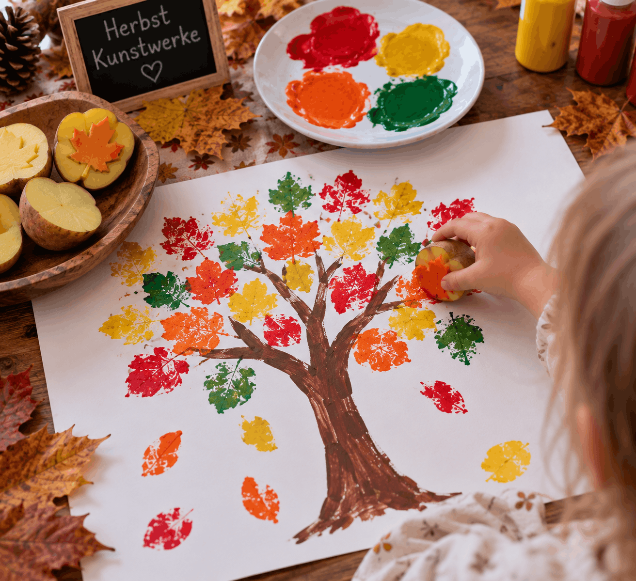 Herbstbaum stempeln mit Kindern aus Kartoffeldruck