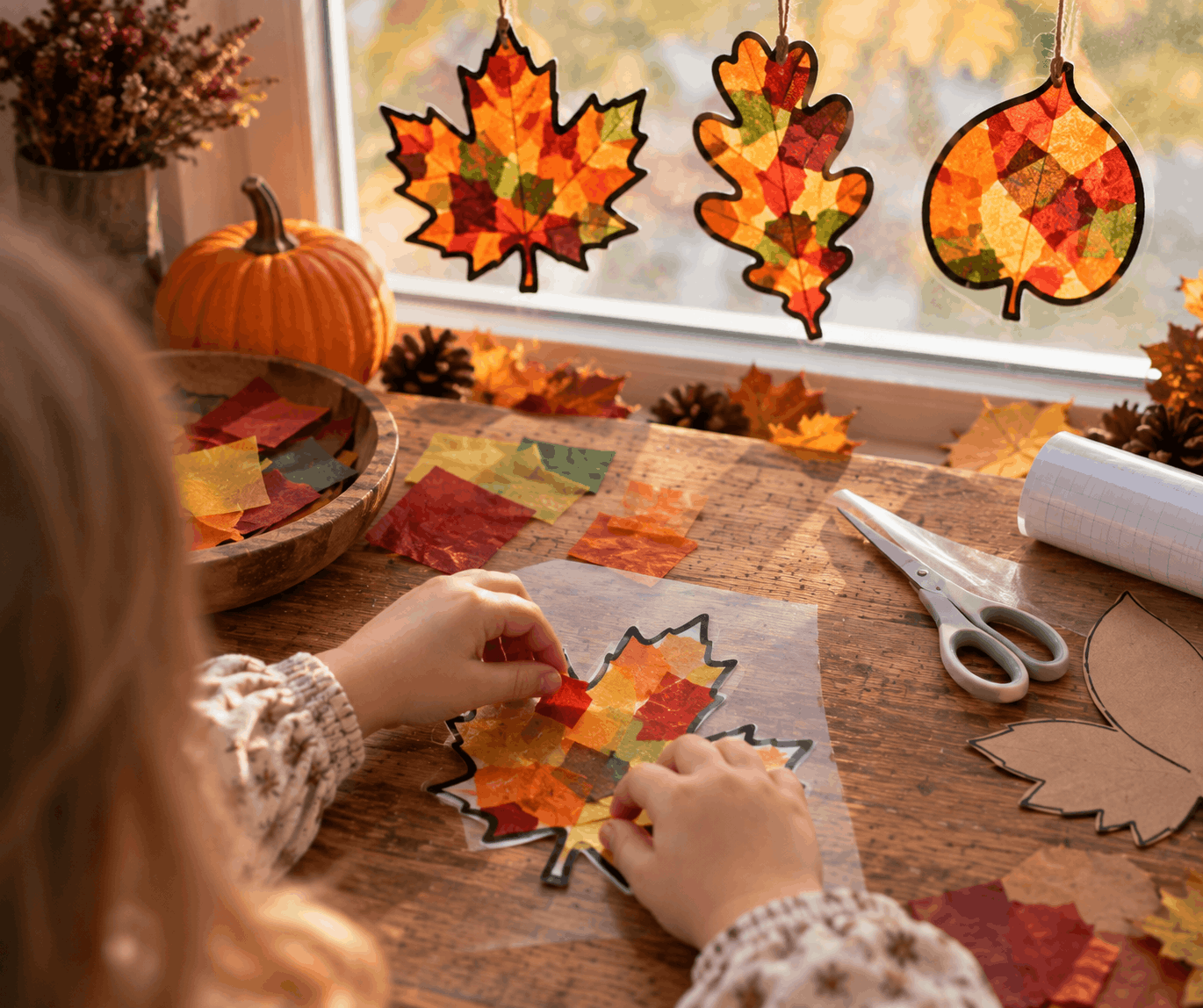 Herbst Bastelideen: Bunte Herbstblätter aus Transparentpapier basteln mit Kindern