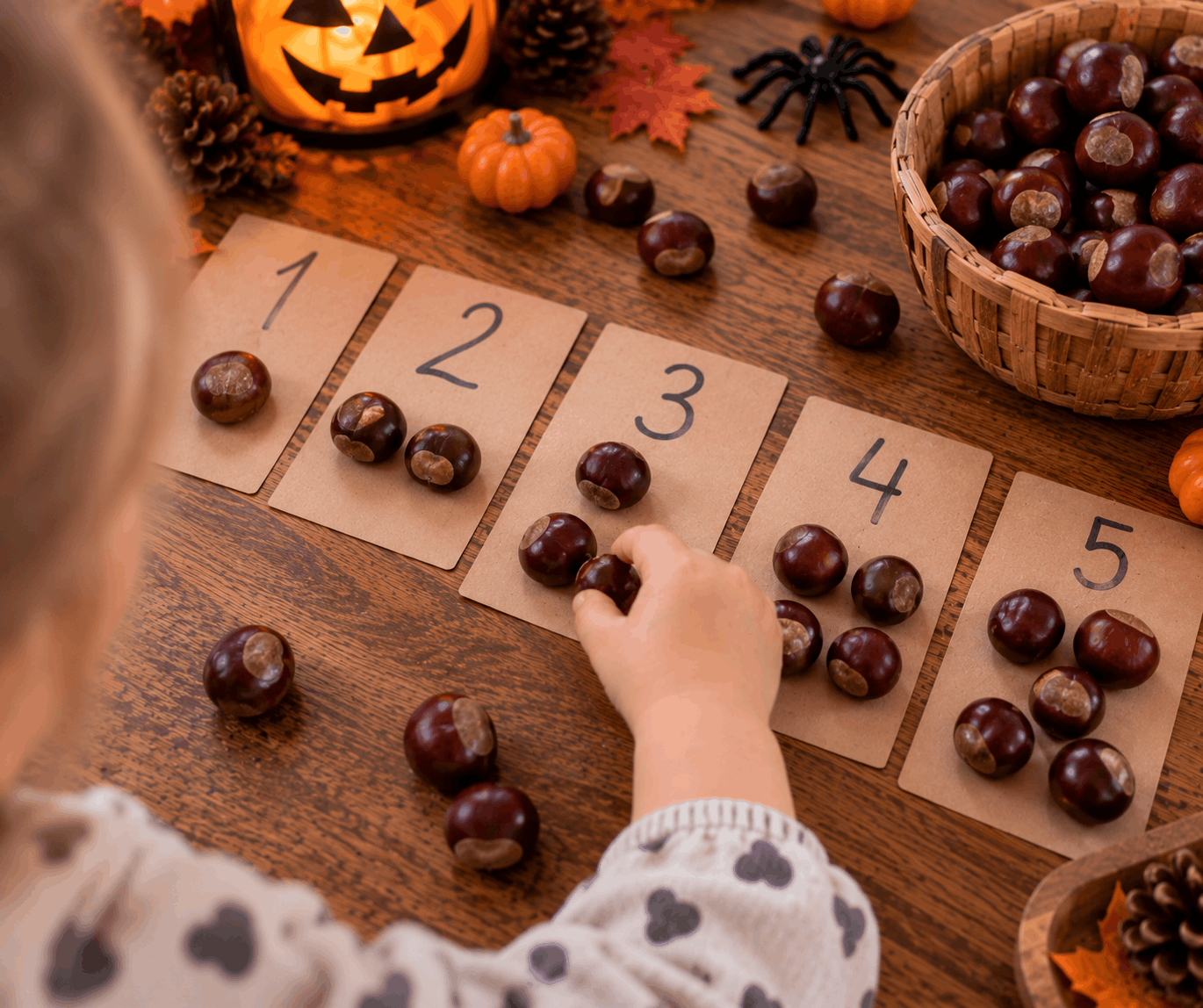 Beschäftigungsideen für Kinder mit Kastanien - Zählspiel mit Kastanien