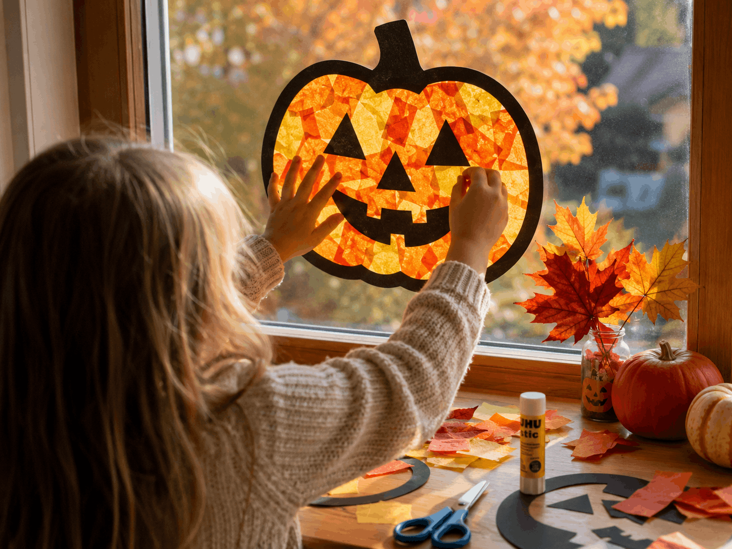 Herbst Bastelideen: Kürbisfensterbild aus Transparentpapier basteln mit Kindern